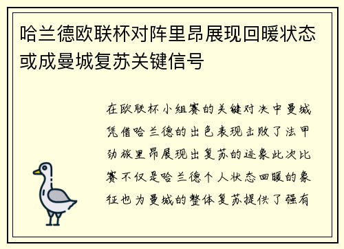 哈兰德欧联杯对阵里昂展现回暖状态或成曼城复苏关键信号 哈兰德欧联杯对阵里昂展现回暖状态或成曼城复苏关键信号